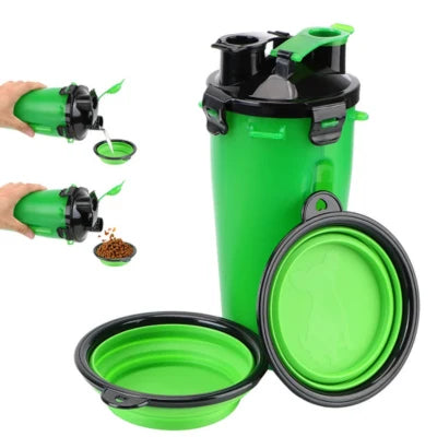 Botella plegable 2 en 1 para agua y comida seca para mascotas