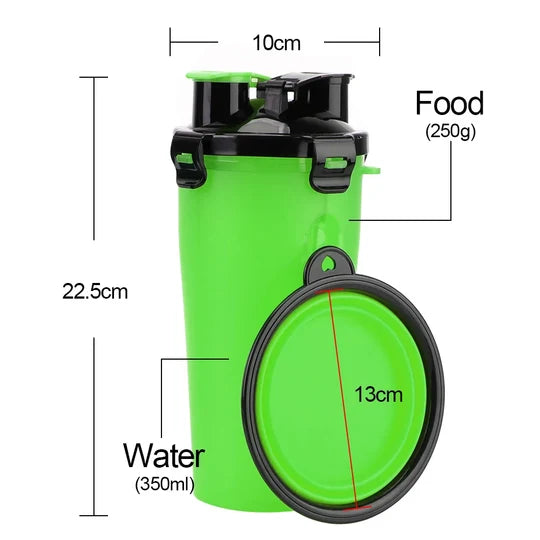Botella plegable 2 en 1 para agua y comida seca para mascotas