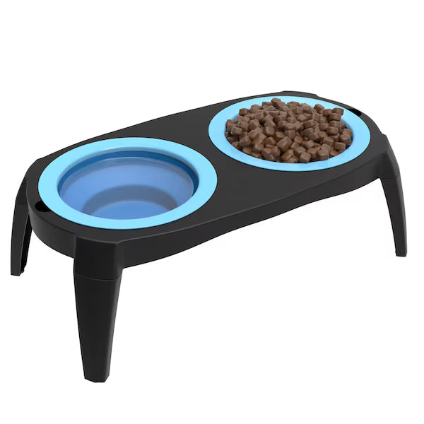 Comedero elevado para mascotas de color azul con base antideslizante