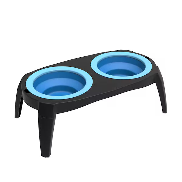 Comedero elevado para mascotas de color azul con base antideslizante