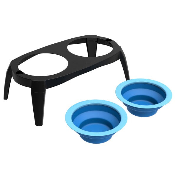 Comedero elevado para mascotas de color azul con base antideslizante