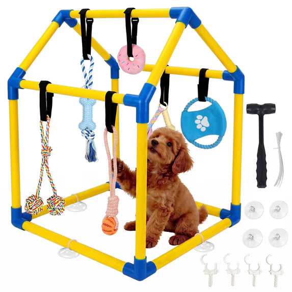 Gimnasio de Juego para Cachorros Pequeños, Centro de Actividad Interactivo de Interior de PVC con 6 Juguetes Colgantes para Morder, Correas Ajustables para Aliviar el Aburrimiento del Cachorro