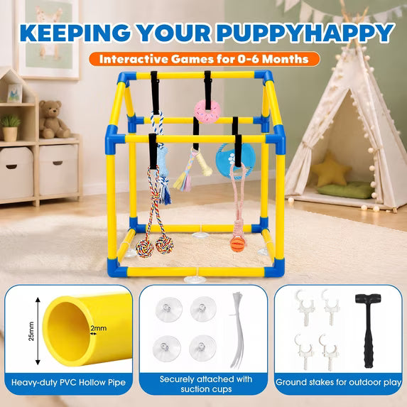 Gimnasio de Juego para Cachorros Pequeños, Centro de Actividad Interactivo de Interior de PVC con 6 Juguetes Colgantes para Morder, Correas Ajustables para Aliviar el Aburrimiento del Cachorro