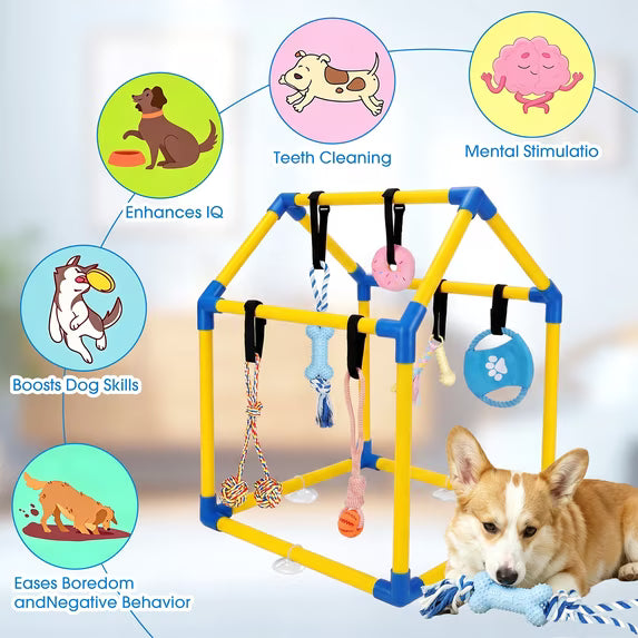 Gimnasio de Juego para Cachorros Pequeños, Centro de Actividad Interactivo de Interior de PVC con 6 Juguetes Colgantes para Morder, Correas Ajustables para Aliviar el Aburrimiento del Cachorro