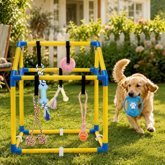 Gimnasio de Juego para Cachorros Pequeños, Centro de Actividad Interactivo de Interior de PVC con 6 Juguetes Colgantes para Morder, Correas Ajustables para Aliviar el Aburrimiento del Cachorro