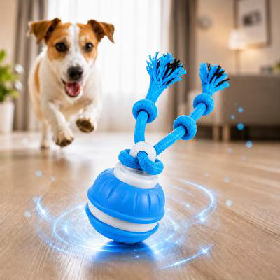 Juguete interactivo e inteligente para perros con movimiento y cuerda, color azul.