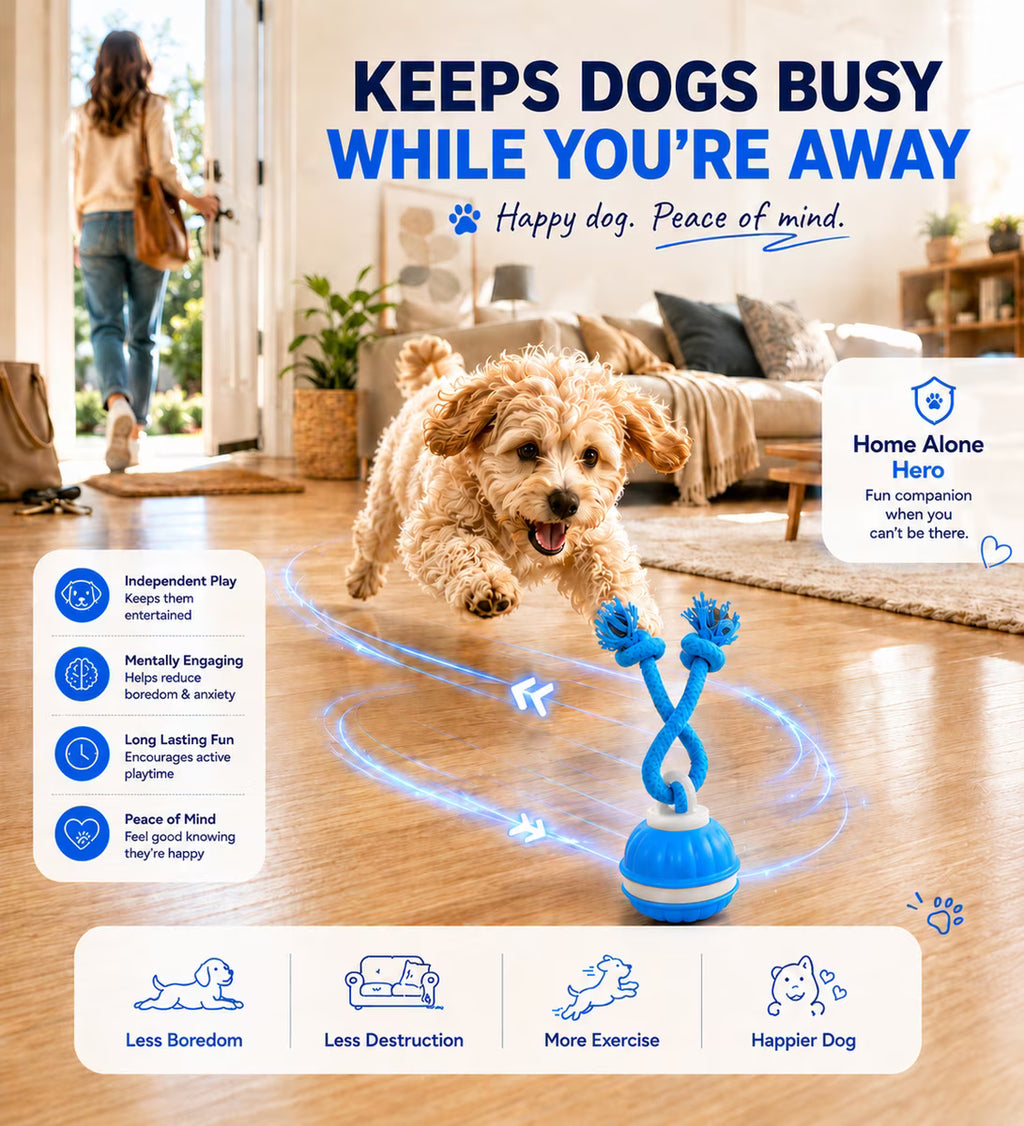 Juguete interactivo e inteligente para perros con movimiento y cuerda, color azul.