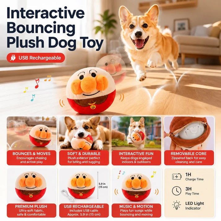 Juguete de peluche eléctrico e interactivo con forma de perro saltarín, ideal para juegos de persecución en interiores y para perros aburridos.