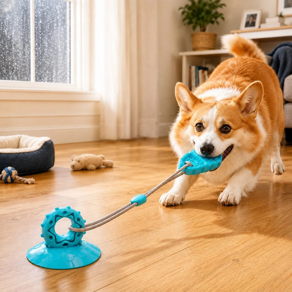 Juguete de ventosa para perros (masticar y tirar) para jugar en interiores: ayuda a redirigir el hábito de morder zapatos y a combatir el aburrimiento.